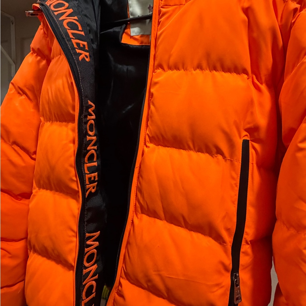 Moncler Orange Puffer Jacket with Logo Trim